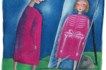 une dame se regarde dans un miroir et on voit ses os dans le miroir