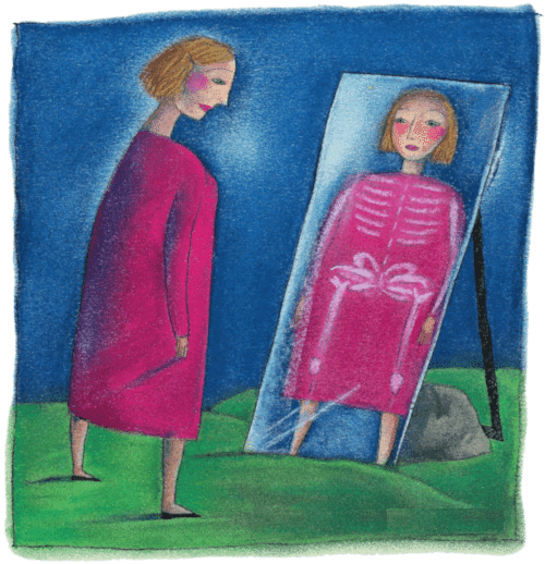 une dame se regarde dans un miroir et on voit ses os dans le miroir