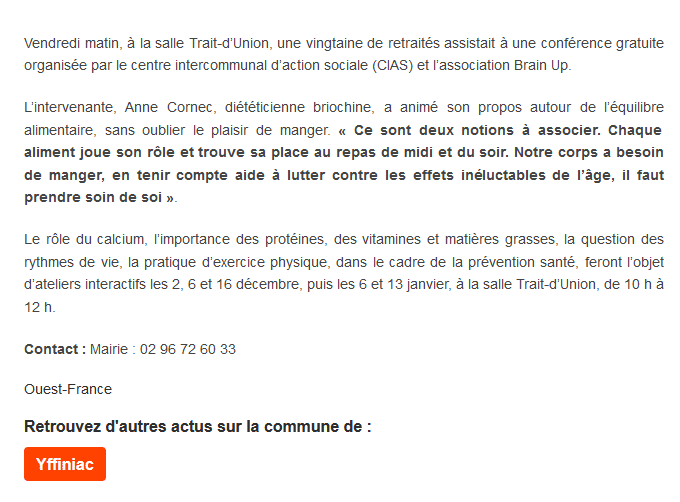 Anne CORNEC dieteticienne intervient sur l'alimentation des seniors à Yffiniac