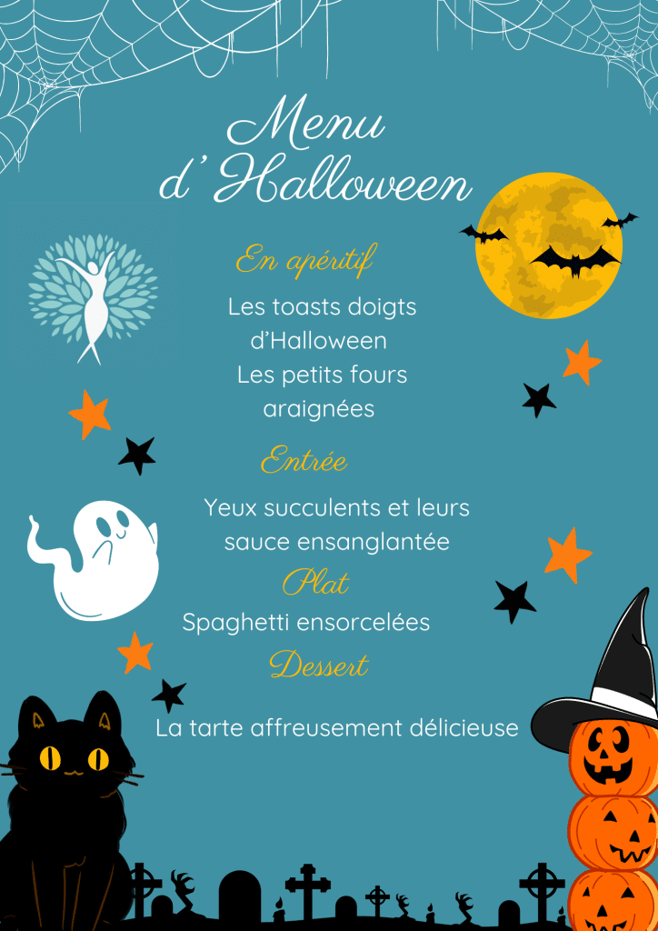 Un menu avec des couleurs et du vocabulaire effrayant d'Halloween